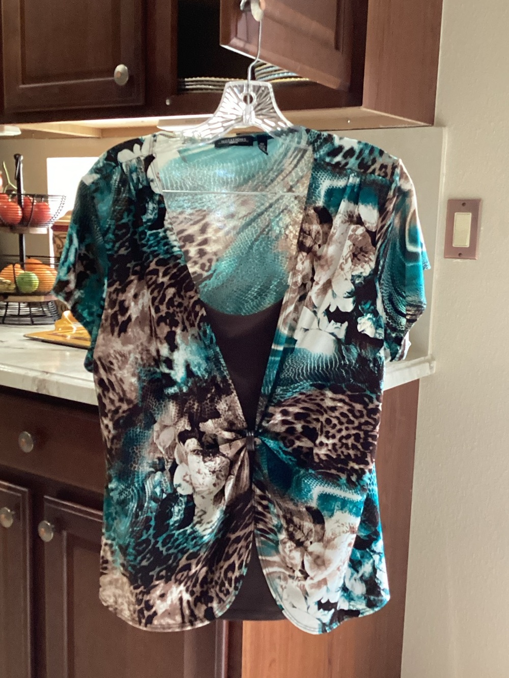 Twist-Front Teal Floral & Leopard Women's Blouse